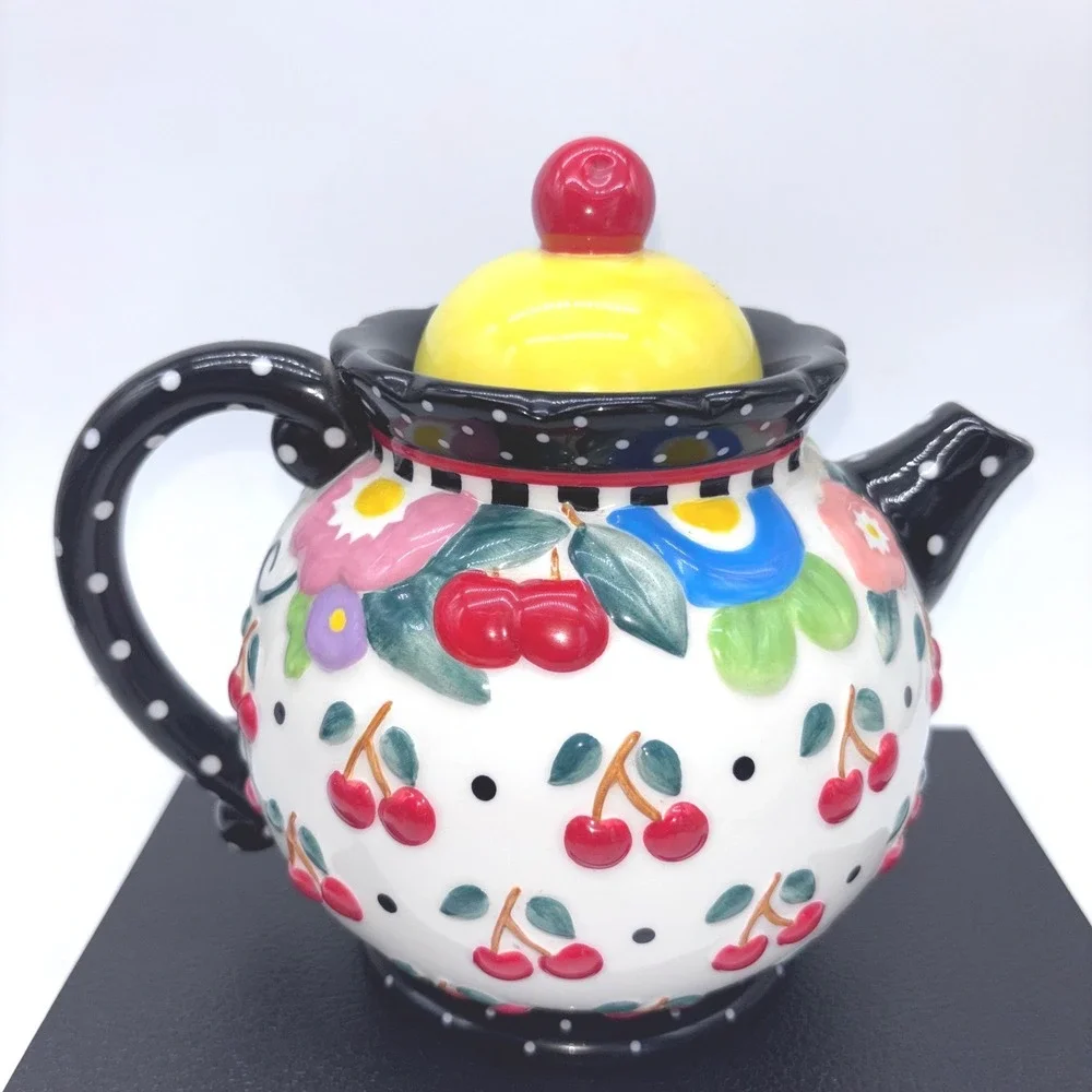 Brownlow Mary Engelbreit Cherry Floral Polka Dot Cottagecore Ceramic‎ Teapot